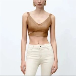 Zara NWOT Light Brown Faux Leather Cut Out Smocked Back Crop Top Size MD